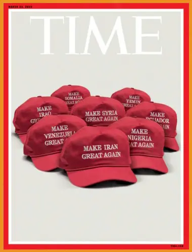 Red hats with political slogans displayed.TIME USA – March 23, 2026